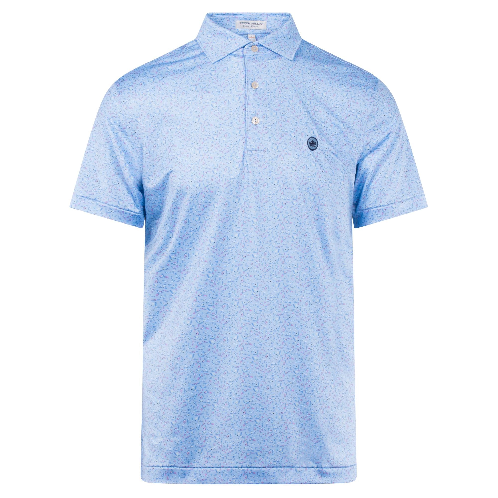 Front product image of Peter Millar Macaw Country Performance Jersey Polo in Cottage Blue – mens golf polo shirt UK